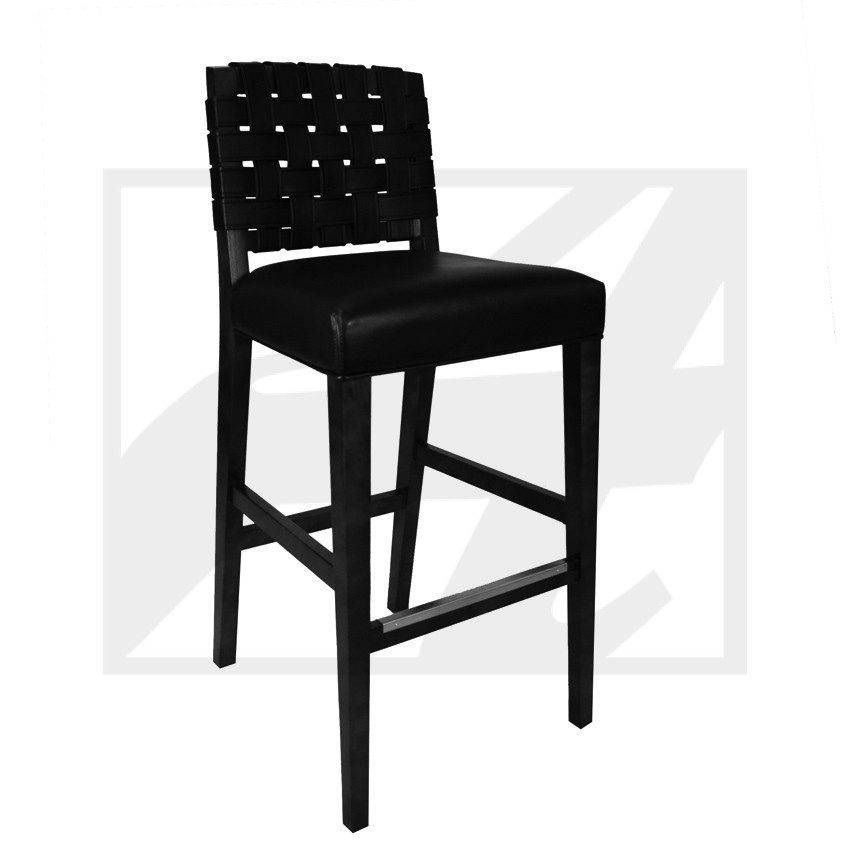 Black bar stool with cushioned seat and backrest.