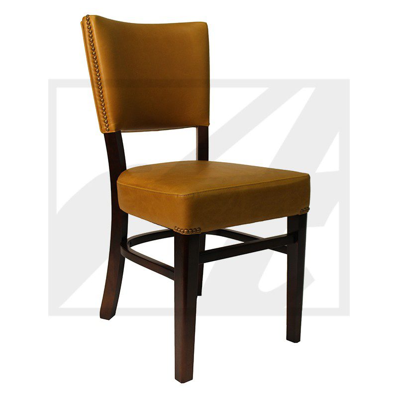 Elegant wooden chair with mustard-yellow cushioned seat and backrest.