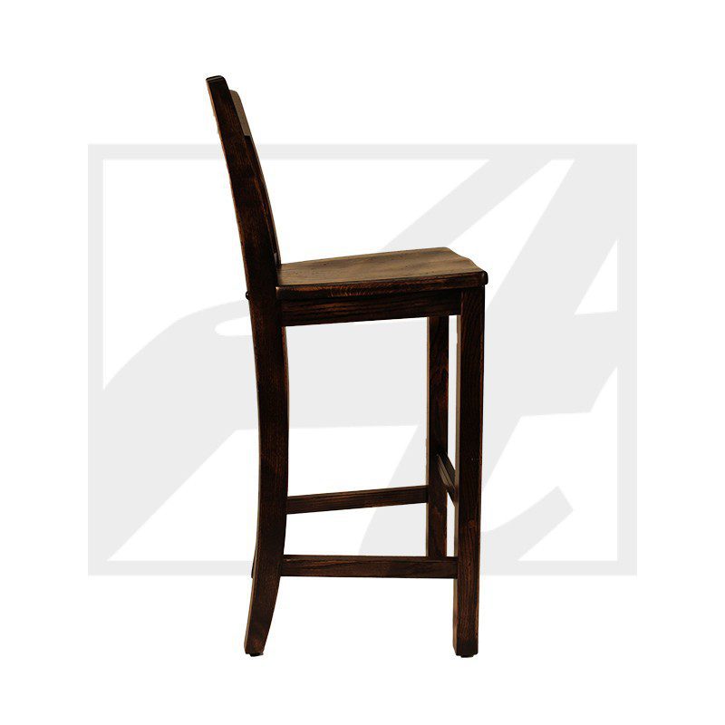 Tall wooden bar stool with a dark cushioned seat and backrest.