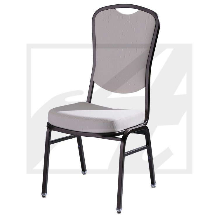A modern gray and black banquet chair with a mesh back.