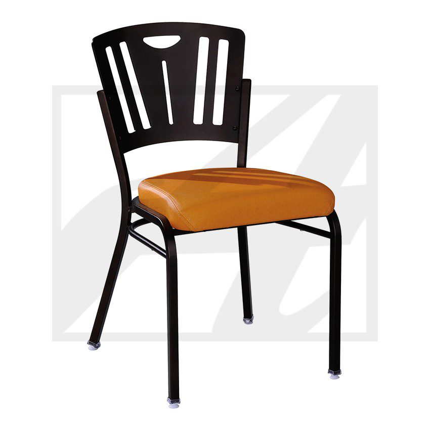 Black metal chair with an orange cushioned seat.