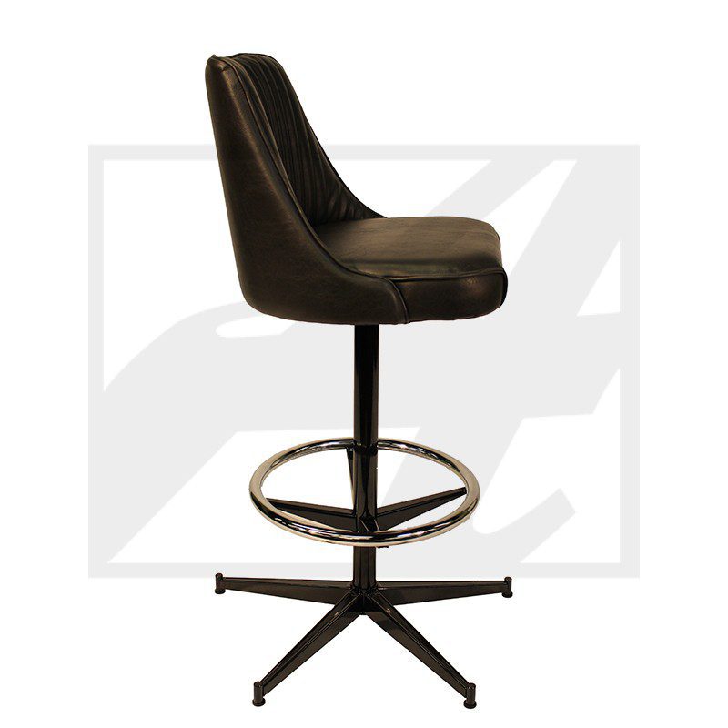 Modern black bar stool with cushioned seat and footrest.