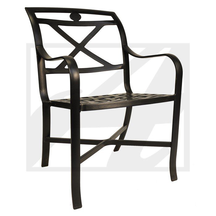 Elegant black metal chair with decorative backrest and armrests.