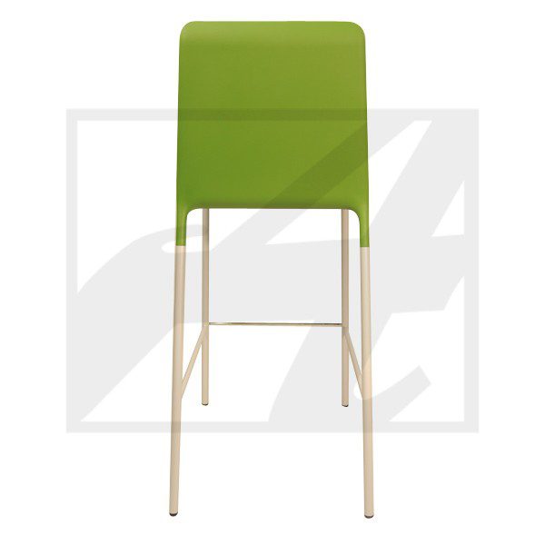 Modern green bar stool with gold legs and footrest.