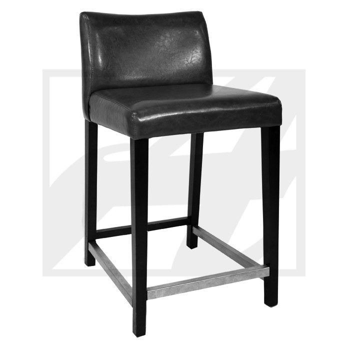 Black leather bar stool with cushioned seat and backrest.