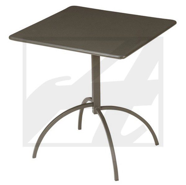 A modern square table with a metal frame and tripod-style legs.