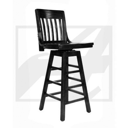 Tall black wooden bar stool with a slatted backrest.