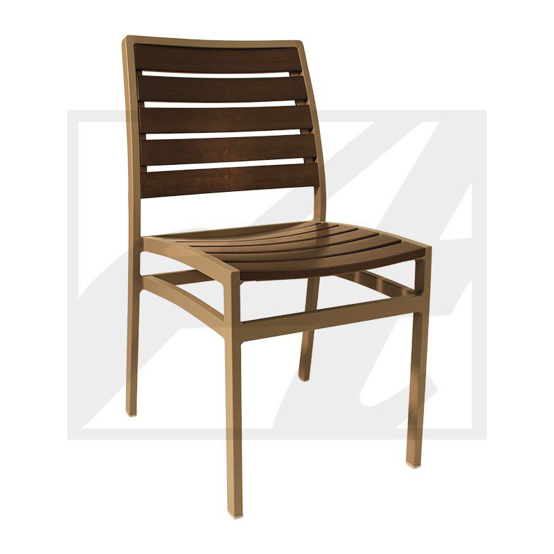 Wooden chair with horizontal slats and simple design.