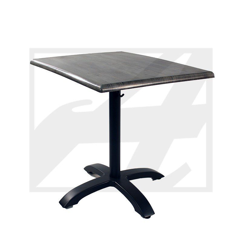 Square black outdoor table with a sturdy pedestal base.