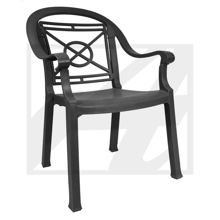 Black plastic outdoor chair with armrests and a decorative backrest.