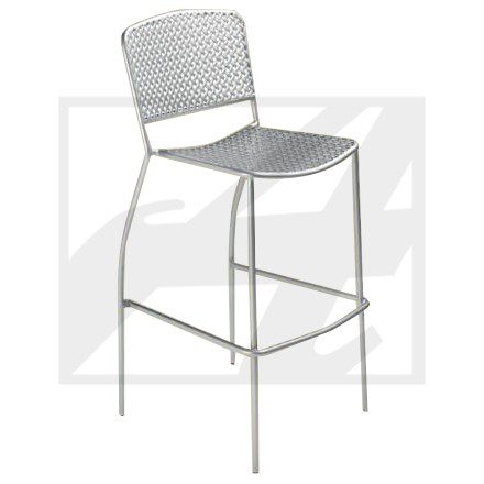 Modern metal bar stool with perforated seat and backrest.