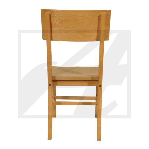 Simple wooden chair with a solid backrest and horizontal support bars.