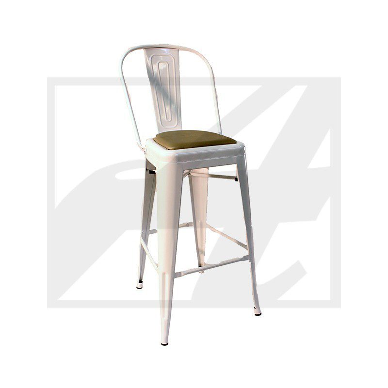 White metal bar stool with a green cushion seat and backrest.