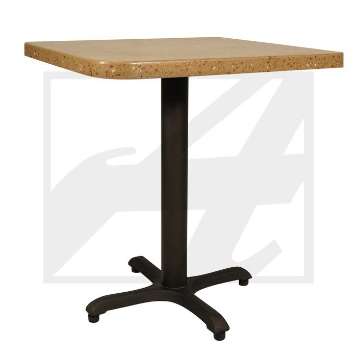 Square wooden table with black metal pedestal base.