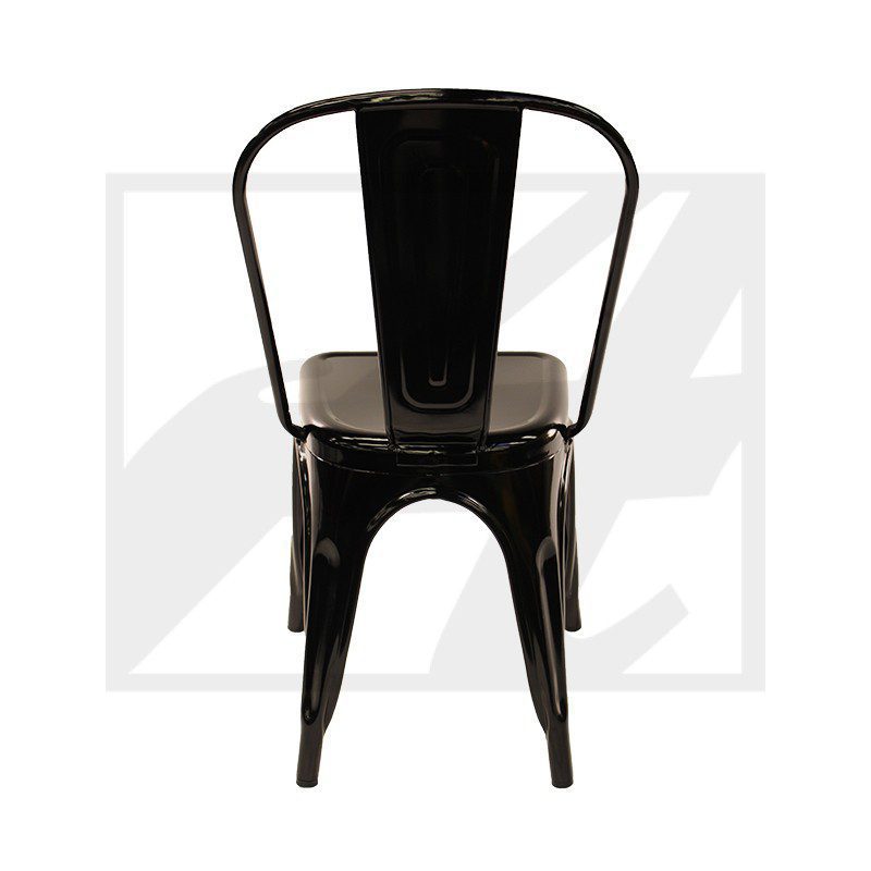 Black metal chair with a minimalist backrest design.