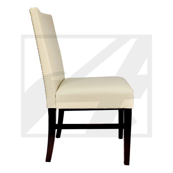 Side view of a beige upholstered dining chair with dark wooden legs.