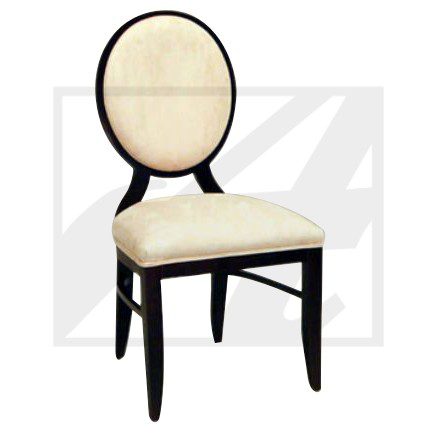 Elegant beige upholstered chair with dark wooden frame.