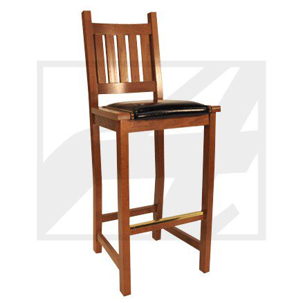 Tall wooden bar stool with a cushioned black seat and slatted backrest.