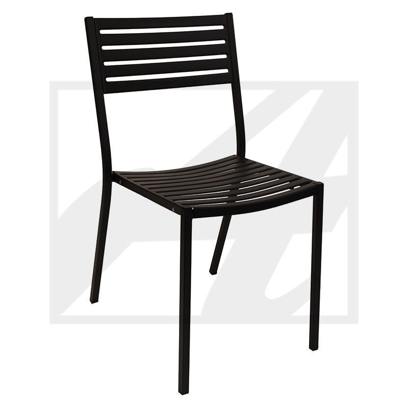 Black metal chair with horizontal slats and minimalist design.