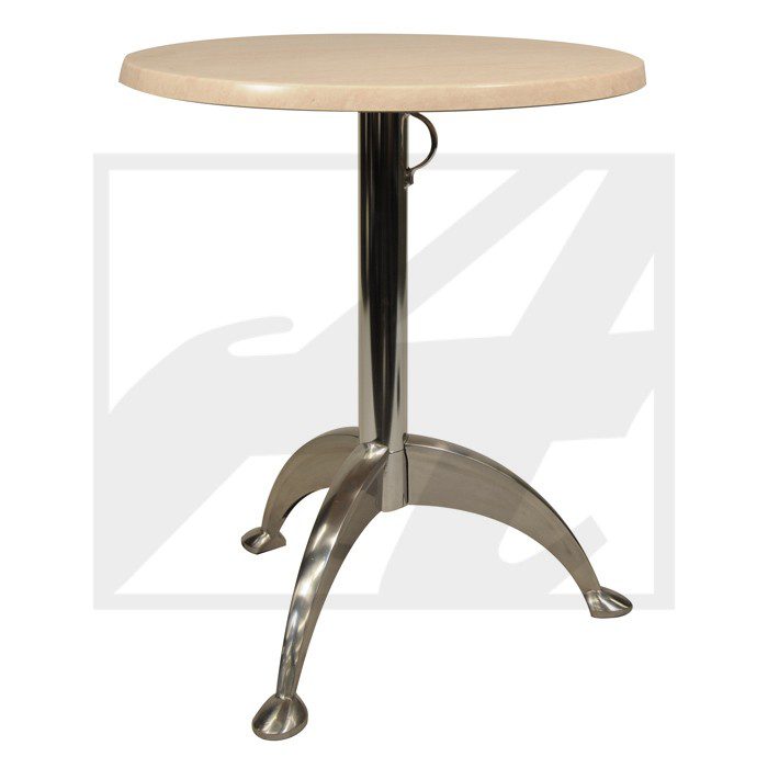 Round wooden top table with metal tripod base.