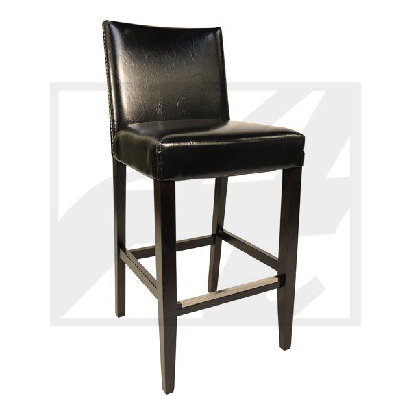 Black leather bar stool with wooden legs and footrest.