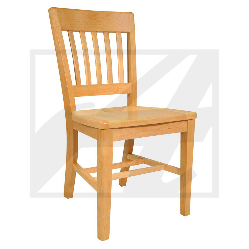 Simple wooden chair with slatted backrest and sturdy legs.