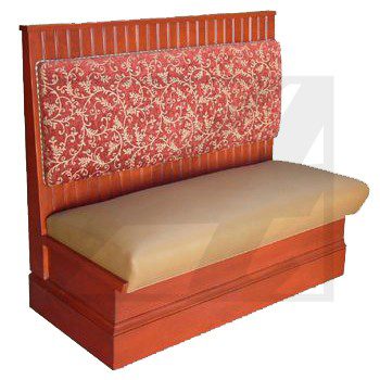 Wooden bench with floral upholstered backrest and beige cushioned seat.