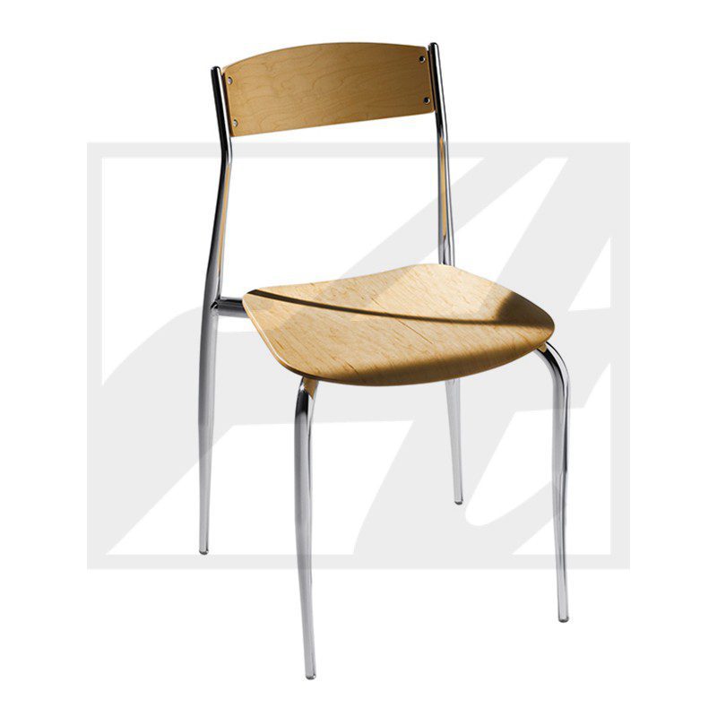 Modern chair with wooden seat and metal frame.
