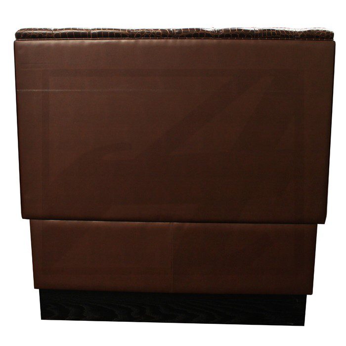 Brown leather or faux leather ottoman or storage bench with a black base.