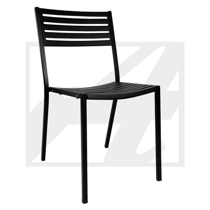 Minimalist black metal chair with horizontal slats on the backrest.