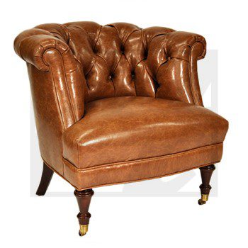 Luxurious brown leather tufted armchair with wooden legs.