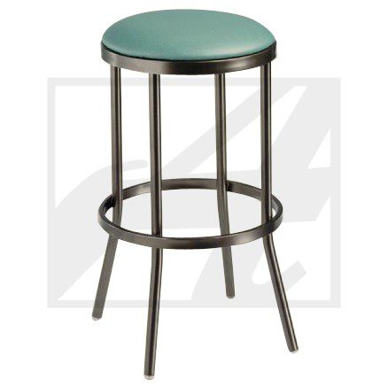 A metal bar stool with a round green seat and four legs.