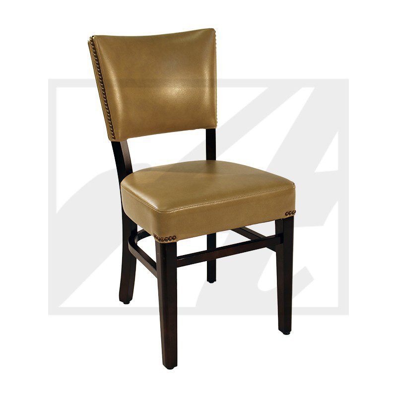 Brown leather dining chair with dark wooden legs.