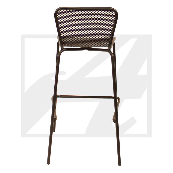 Tall bar stool with a woven backrest and metal frame.