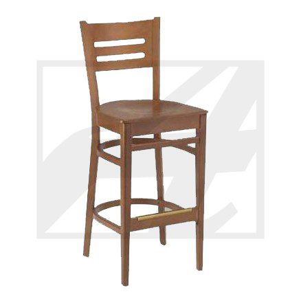 Wooden bar stool with ladder-back design and footrests.