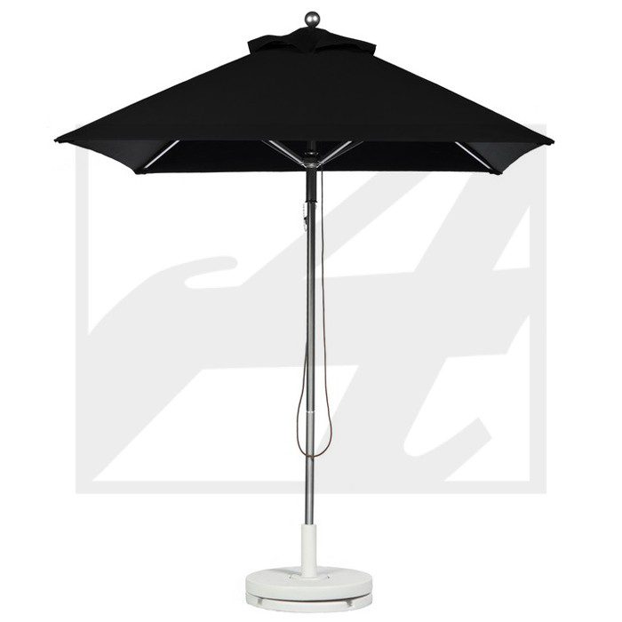Black outdoor patio umbrella with a white base.