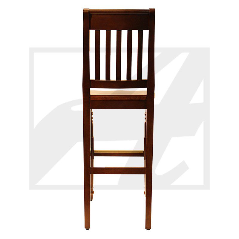Tall wooden bar stool with a slatted backrest.