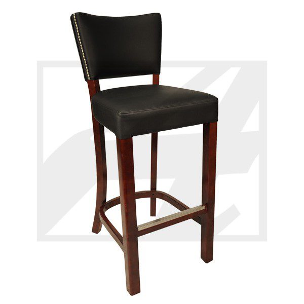 Elegant black cushioned bar stool with wooden legs and backrest.
