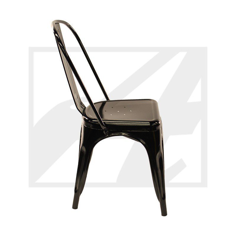 A sleek black metal chair with a minimalist design.