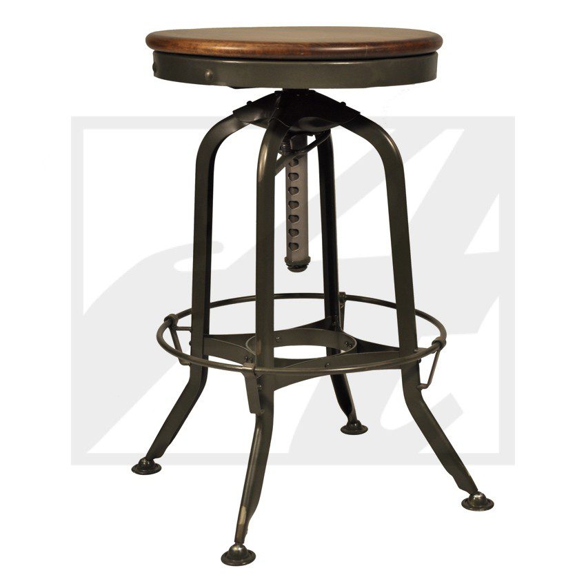 Industrial-style adjustable metal stool with wooden seat and footrest.