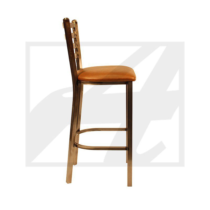Wooden bar stool with an orange cushioned seat and backrest.