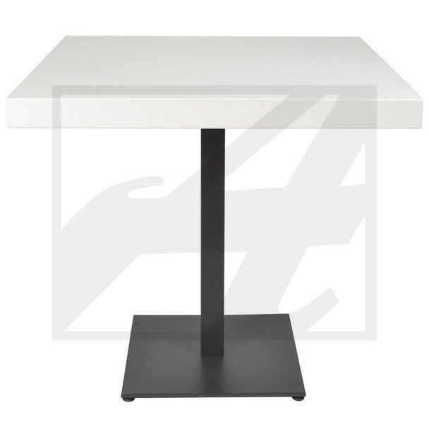 Modern square table with a glass top and black metal base.