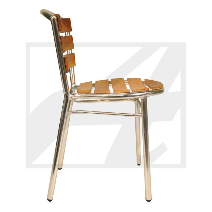 Side view of a modern chair with wooden slats and metal frame.