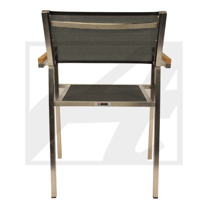 Rear view of a modern outdoor chair with metal frame and mesh backrest.