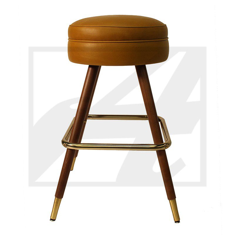 Modern bar stool with brown cushioned seat and wooden legs.