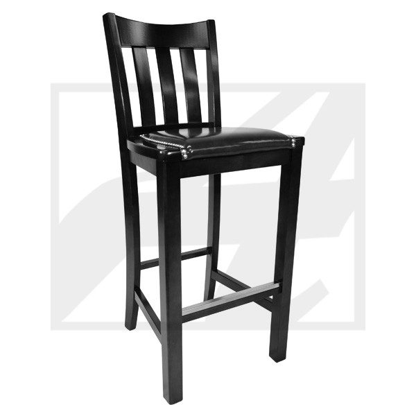 Black wooden bar stool with slatted backrest and footrest.