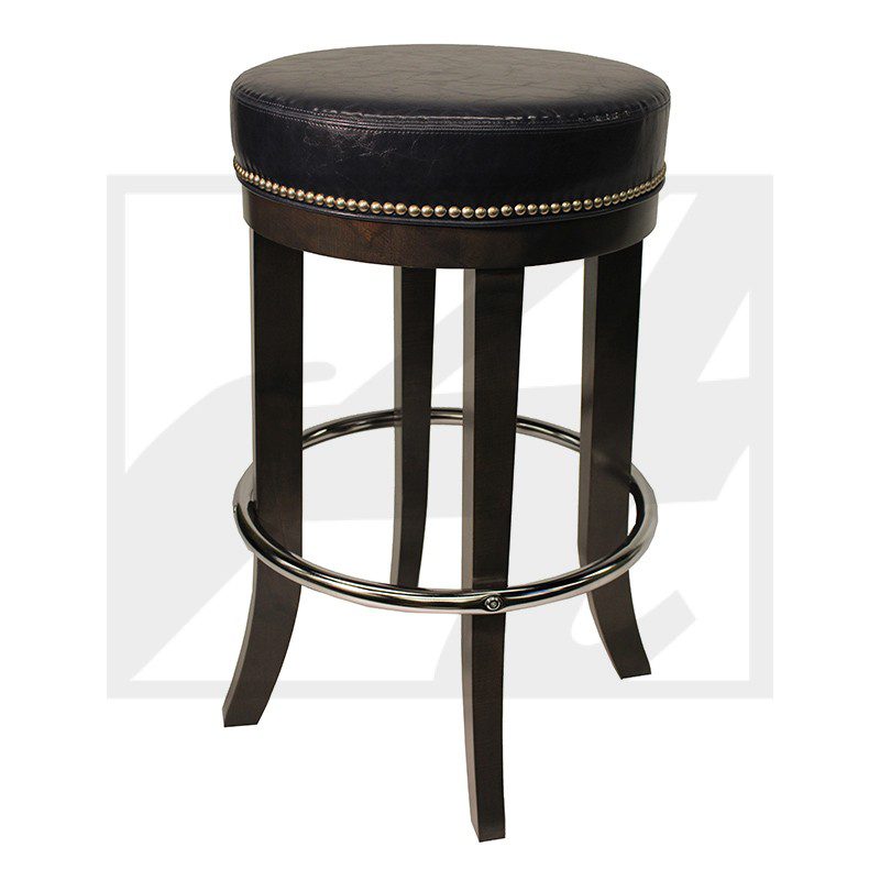 Black cushioned bar stool with wooden legs and metal footrest.