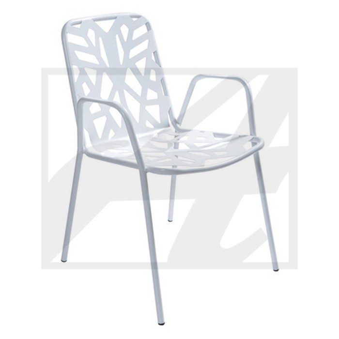 Modern white metal chair with intricate leaf-patterned backrest and armrests.