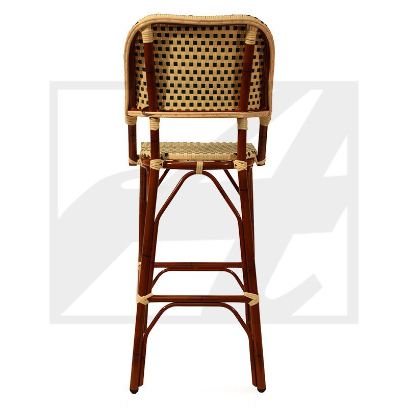 Tall rattan bar stool with woven backrest and seat.
