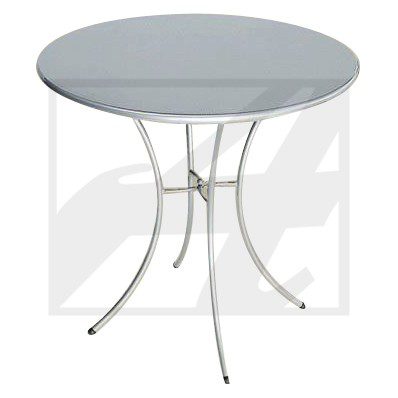 Round glass-top table with curved metal legs.